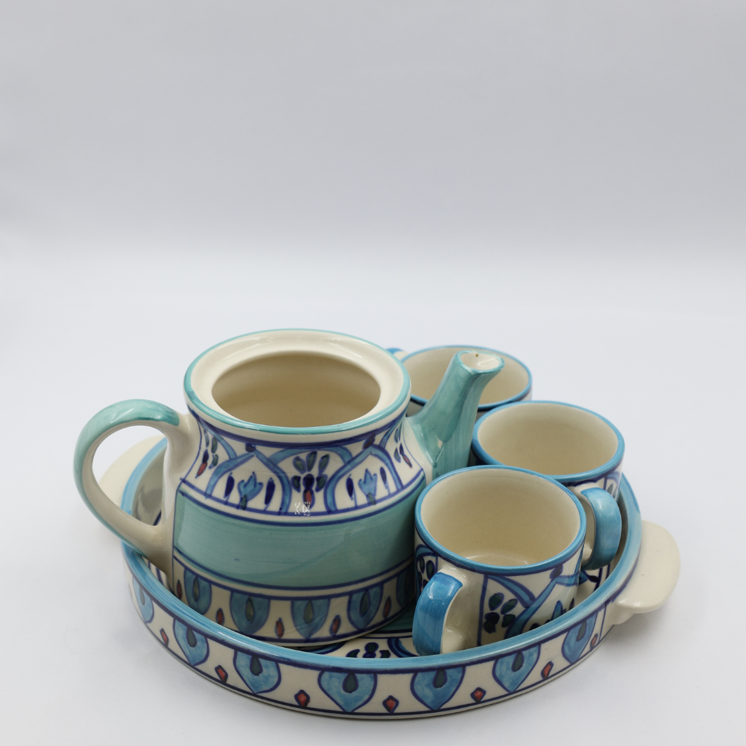 Hand Painted Off White - Blue Ceramic 6 piece Tea Pot With Cups and Tray Set