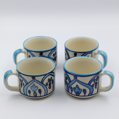 Hand Painted Off White - Blue Ceramic 6 piece Tea Pot With Cups and Tray Set